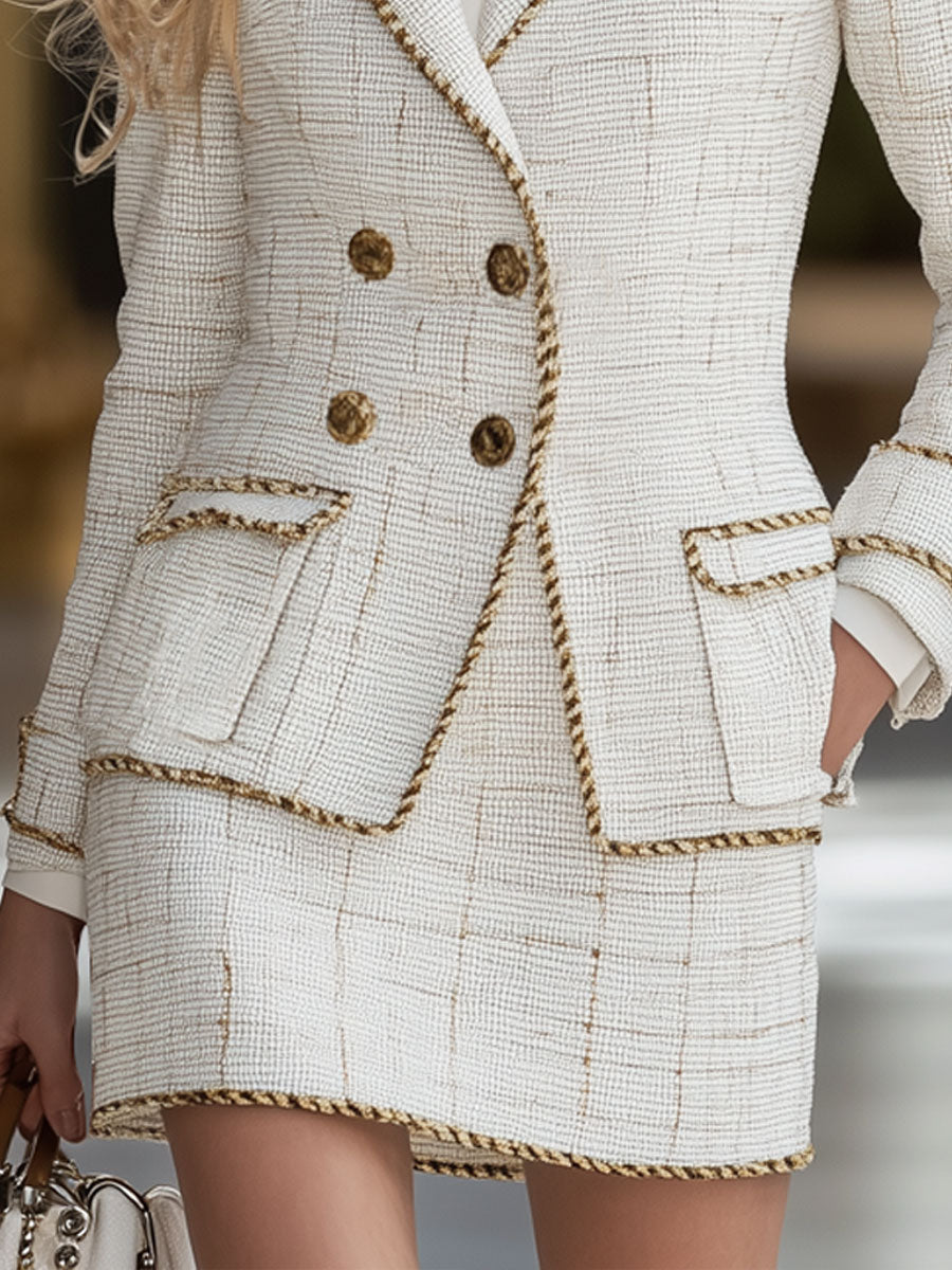 Retro Elegant Gold Trim White Tweed Suit Jacket Skirt Set