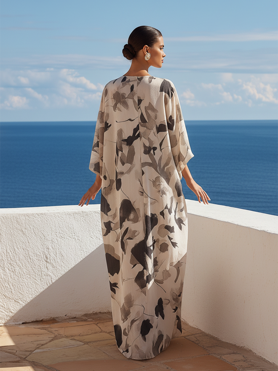 Loose Vacation Black Printed Maxi Dress