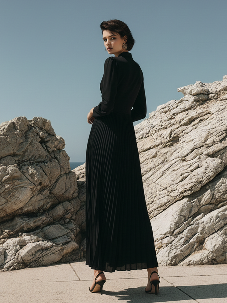 Elegant And Stylish V-neck Pleated Hem Black Maxi Dress