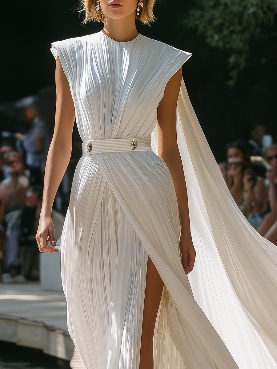 High-fashion White Pleated Sleeveless Cape Dress With Slits Maxi Dress