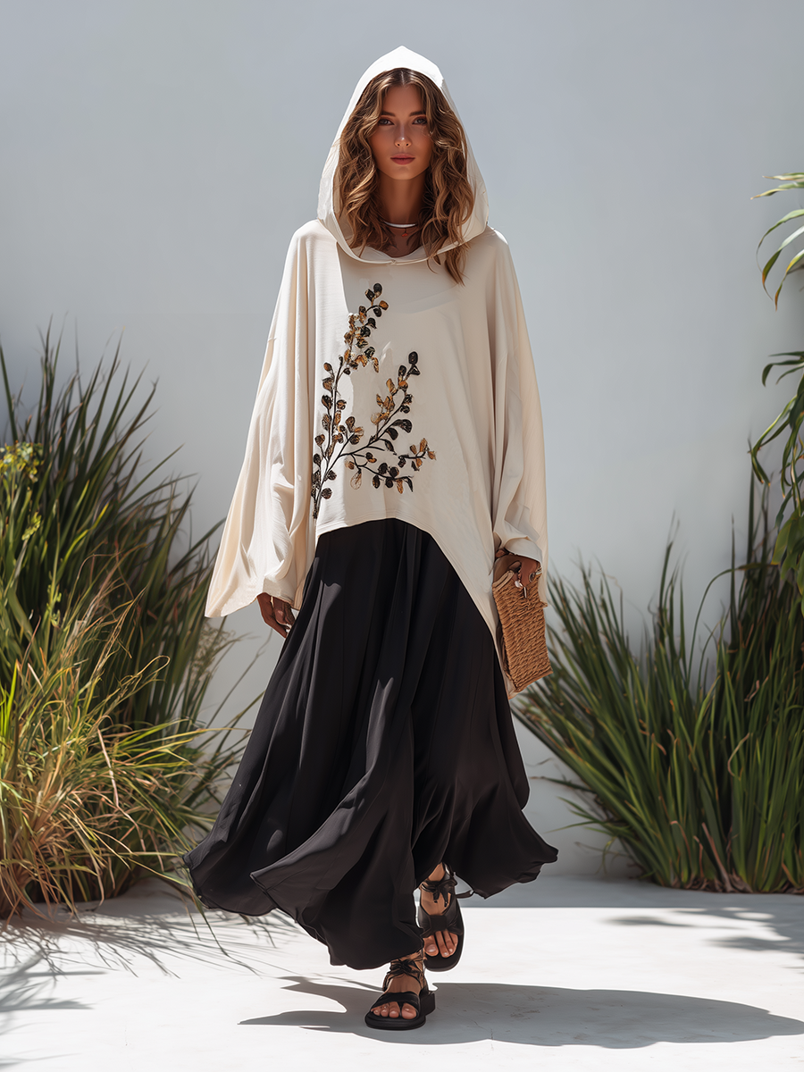 Vacation-style Hooded Embroidered Top And Skirt Set