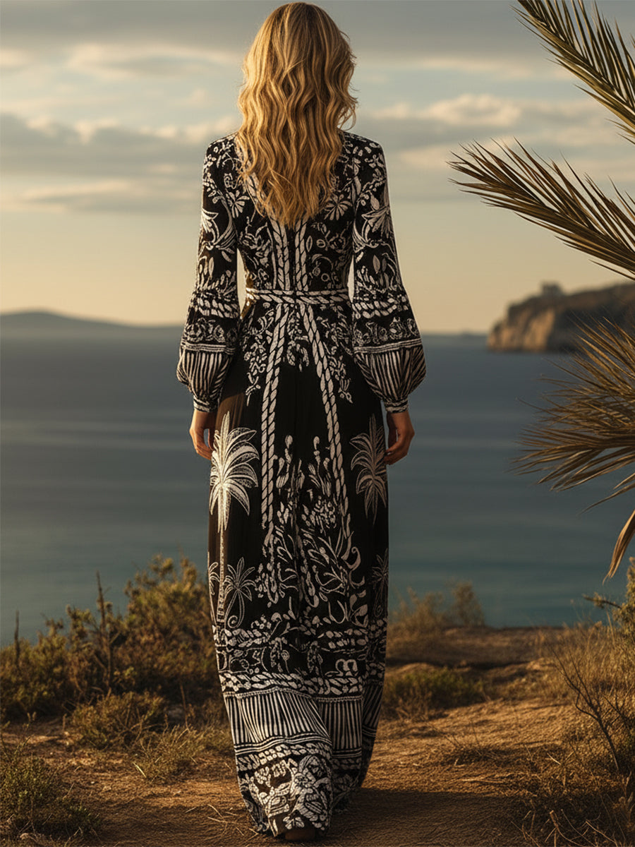Tropical Bohemian Black And White Palm Print Satin V-Neck Maxi Dress