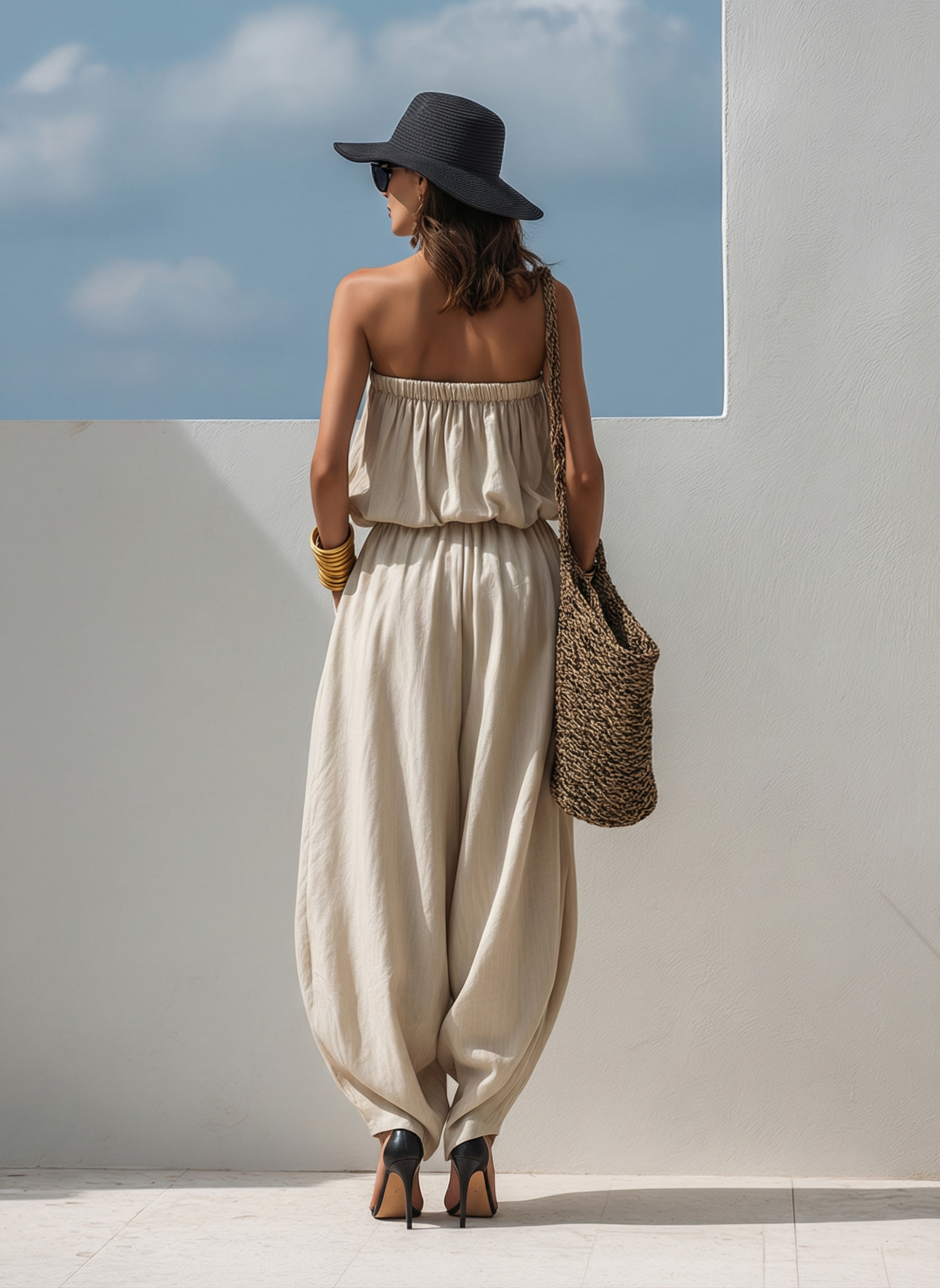Casual Loose Sleeveless Tapered Beige Cotton And Linen Jumpsuit