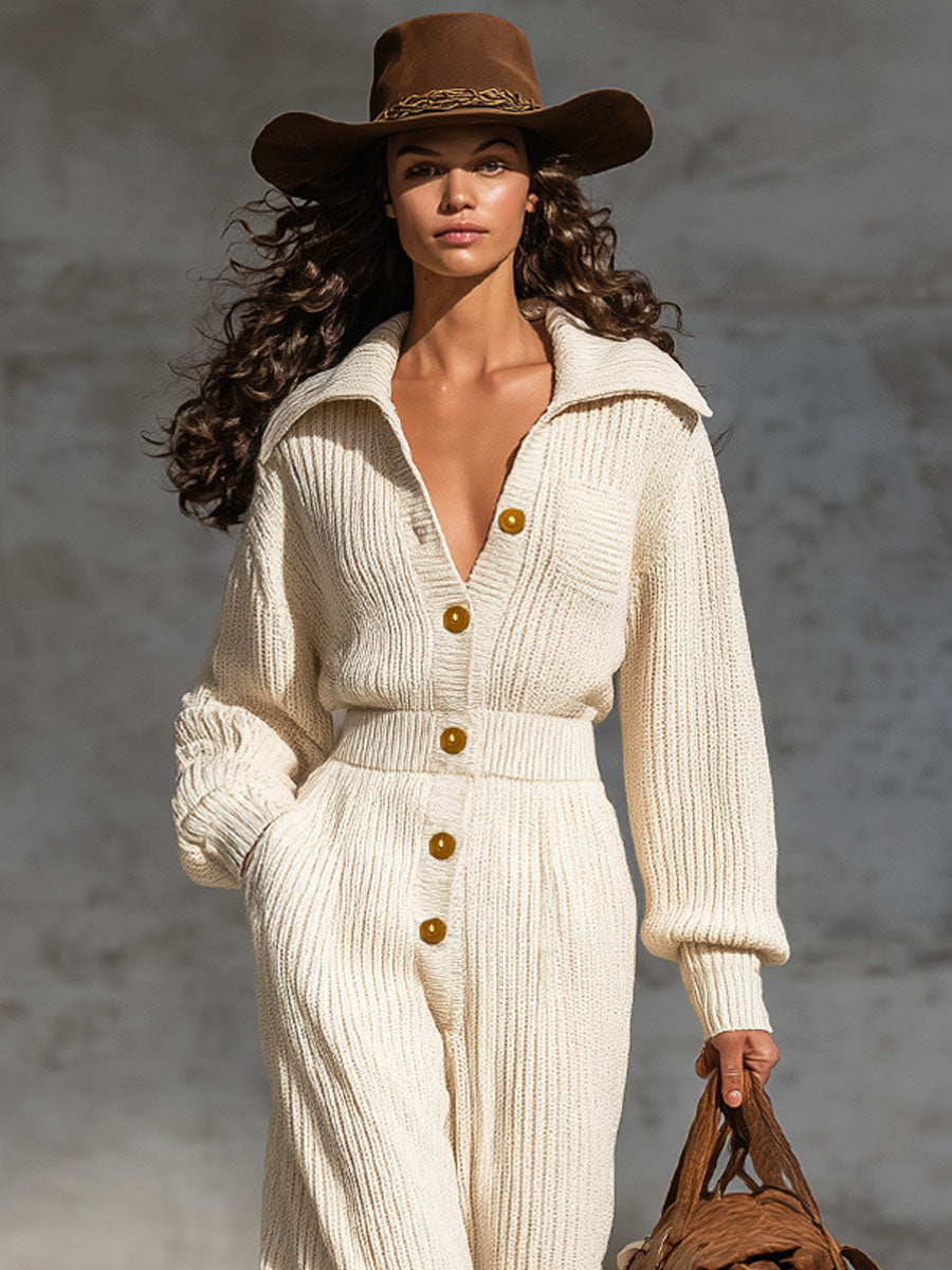 Lapel Single-breasted Knitted Jumpsuit