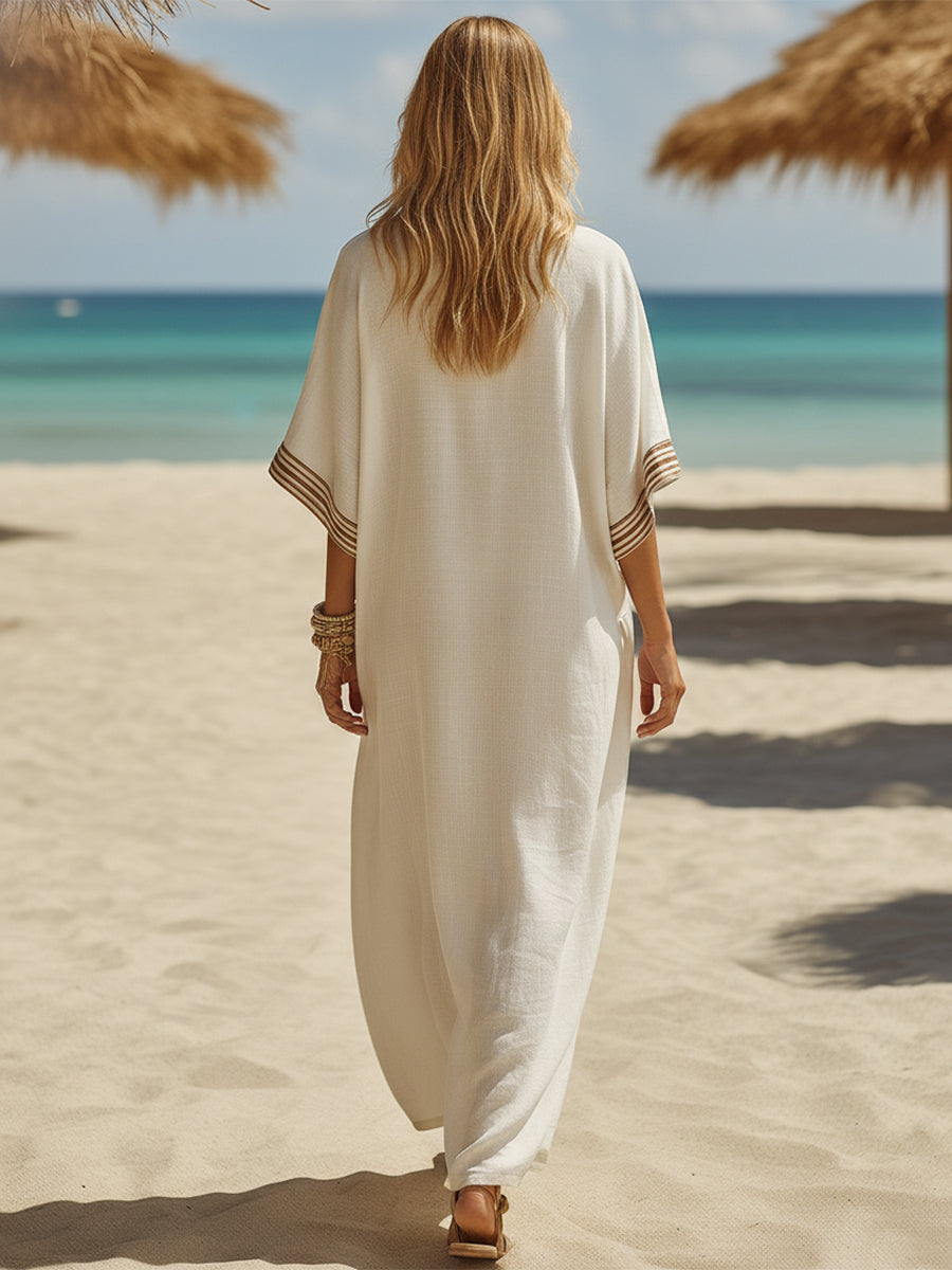 Bohemian Striped White Cotton-linen Midi Dress