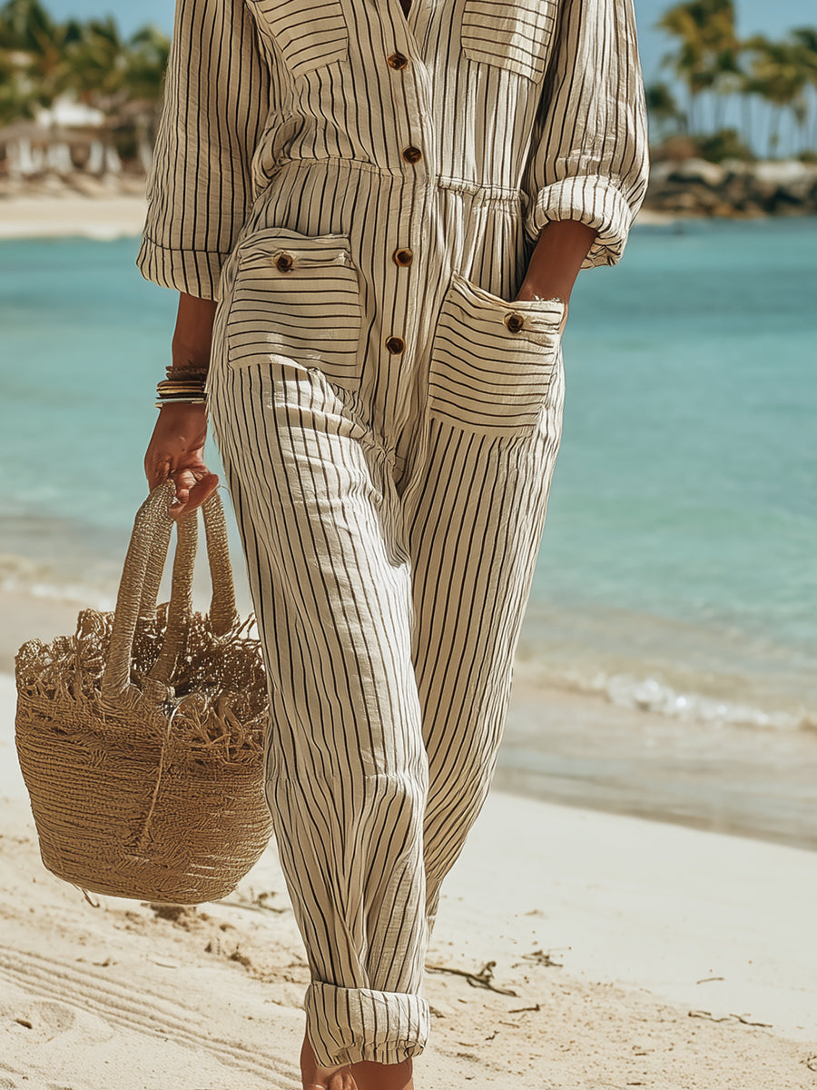 Relaxed Vacation Striped Off-white Cotton Linen Long-sleeved Loose Jumpsuit