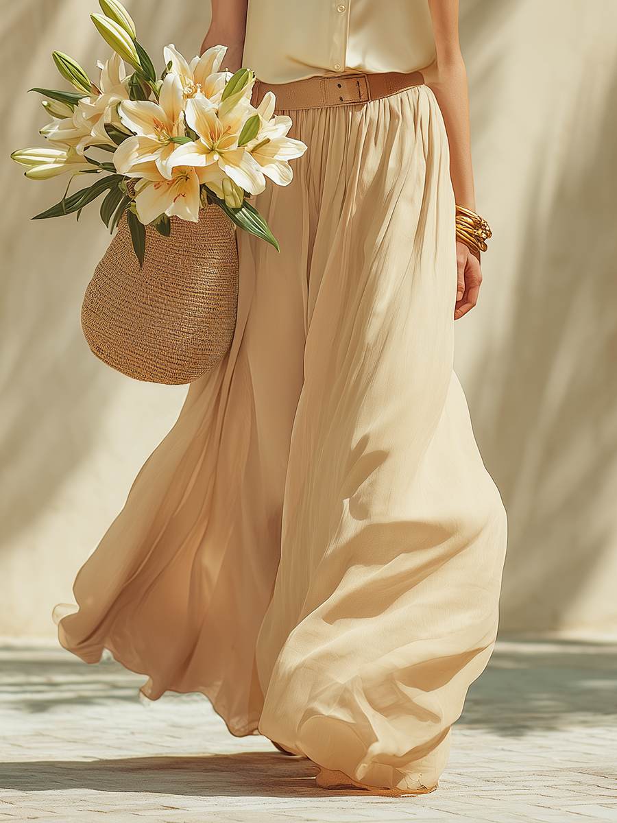 Elegant Vacation Off-white Sleeveless Satin Shirt And Sheer Skirt Set