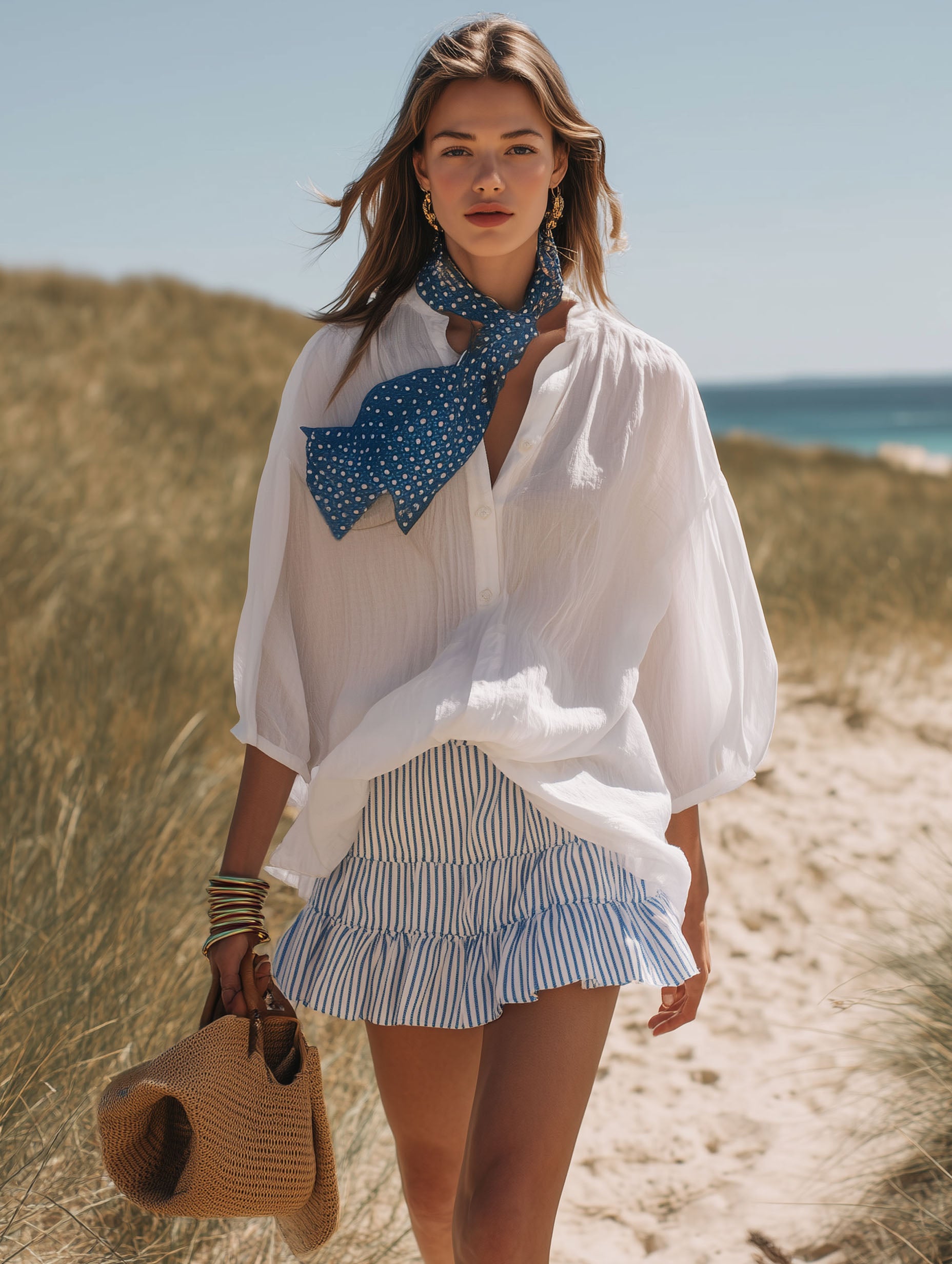 Resort-Style Blue White Striped Chiffon Mini Skirt Short-Sleeved Shirt Scarf Set