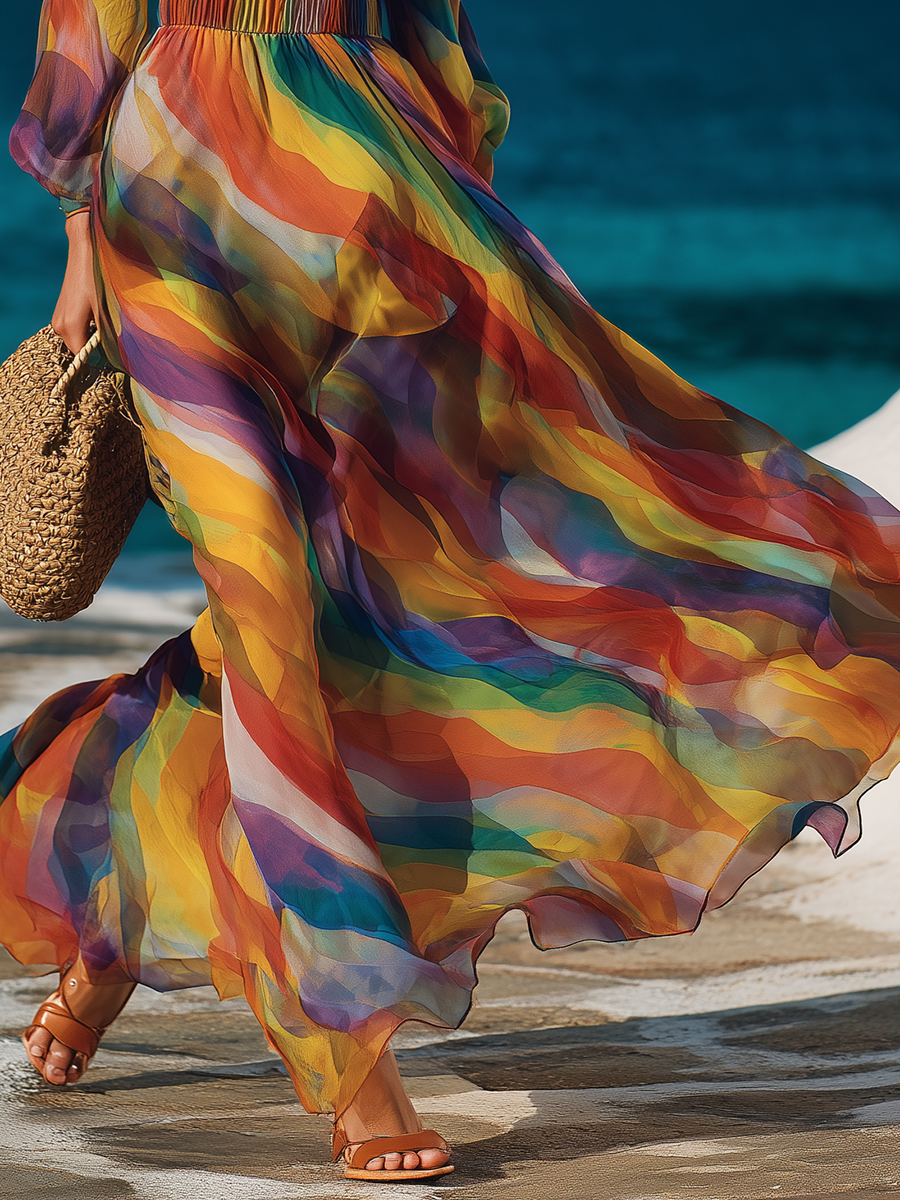 Romantic Vacation Style Rainbow Print V-neck Ruffled Chiffon Maxi Dress