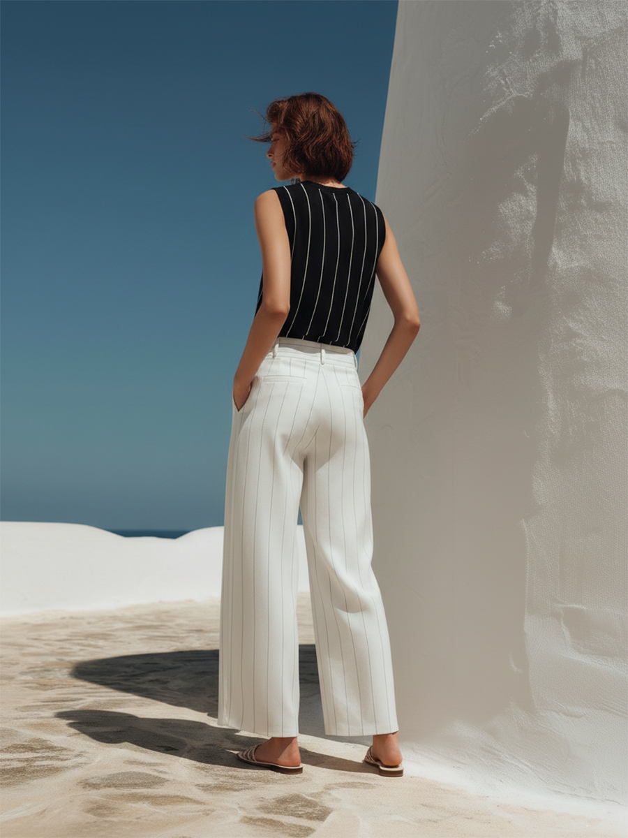 Resort-style Black And White Striped Sleeveless Top And Wide-leg Pants Set
