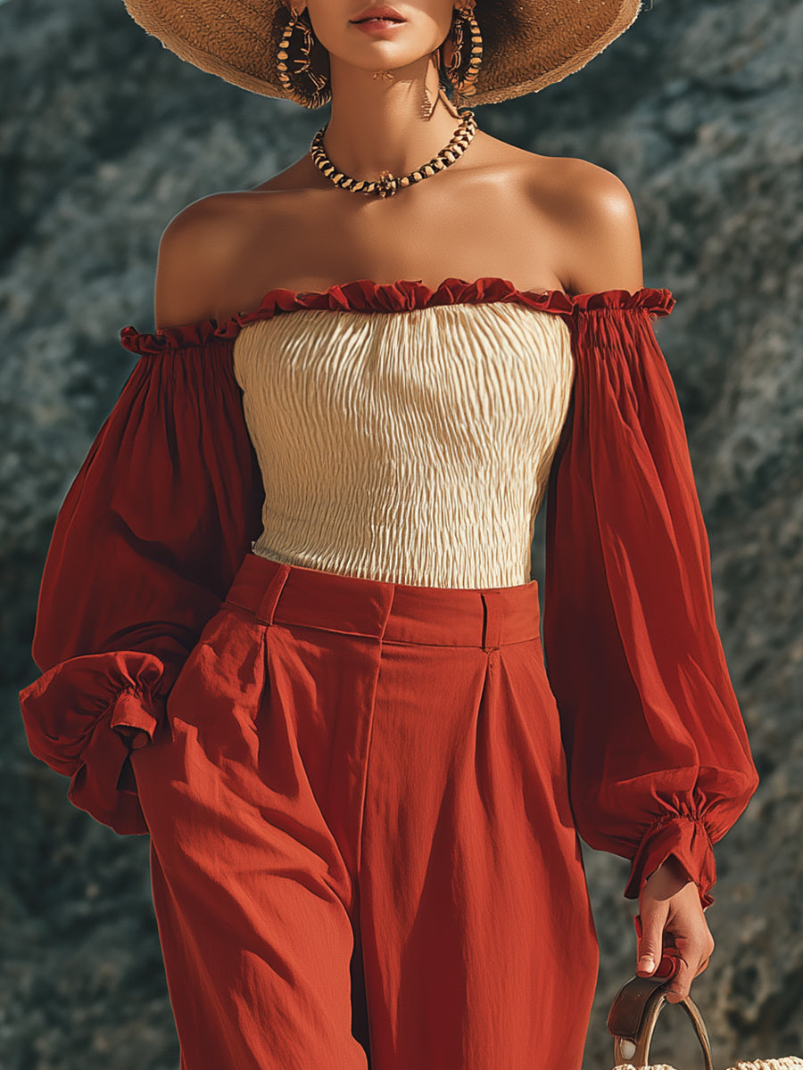 Bohemian Resort Style Rust Red And Beige Color-Blocked Cotton Linen Off-Shoulder Puff Sleeve Top And Wide-Leg Pants Set
