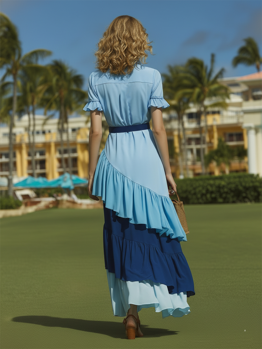 Vacation-style Cotton Short-sleeved Patchwork Maxi Dress