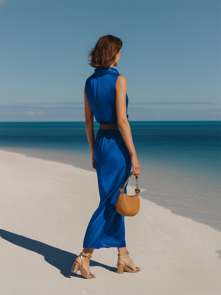 Vacation-style Blue Satin Sleeveless Maxi Dress