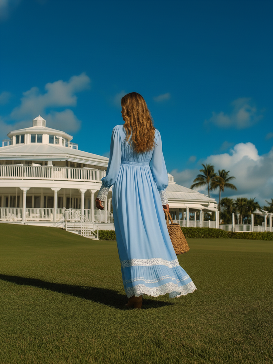 Vacation-style Cotton And Lace Patchwork Round-neck Maxi Dress