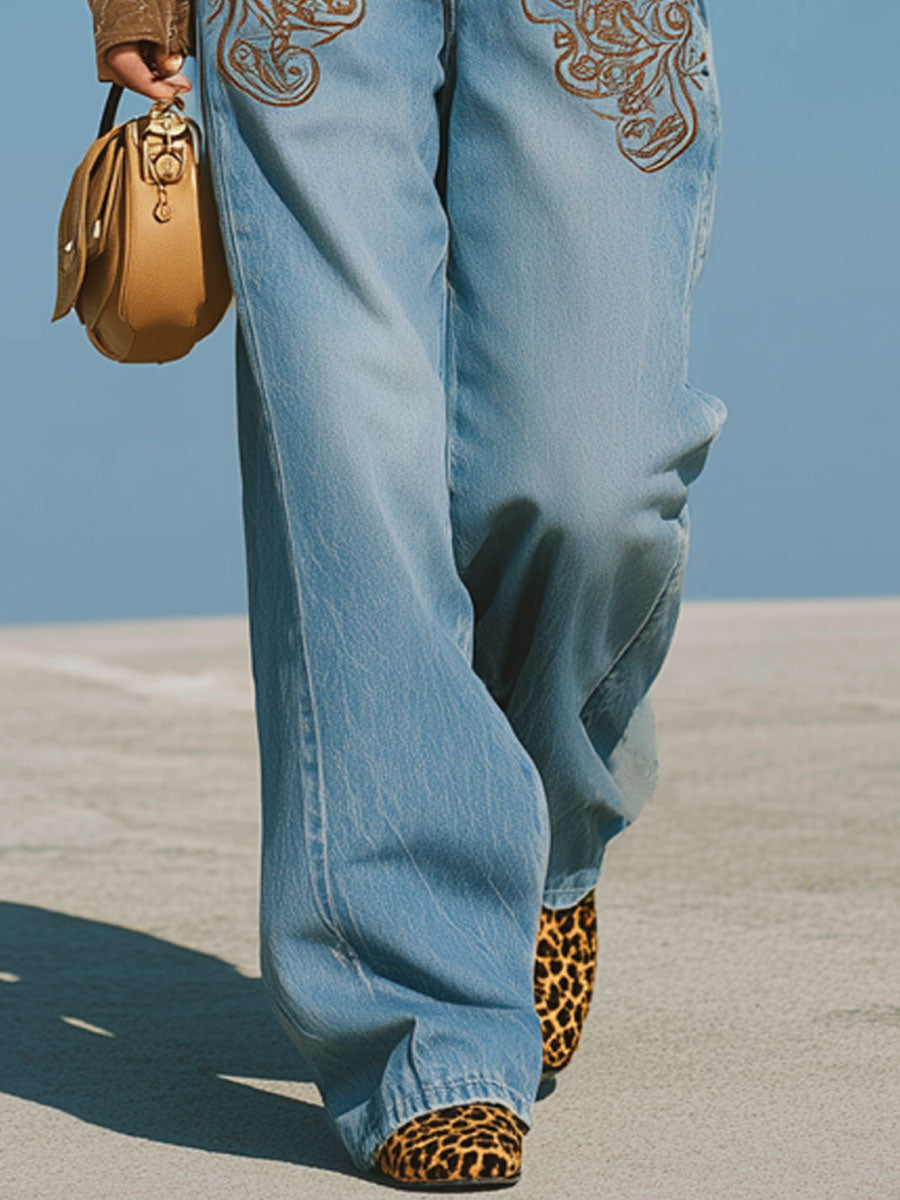 Western Retro Ethnic Embroidery Blue Wide-Leg Jeans