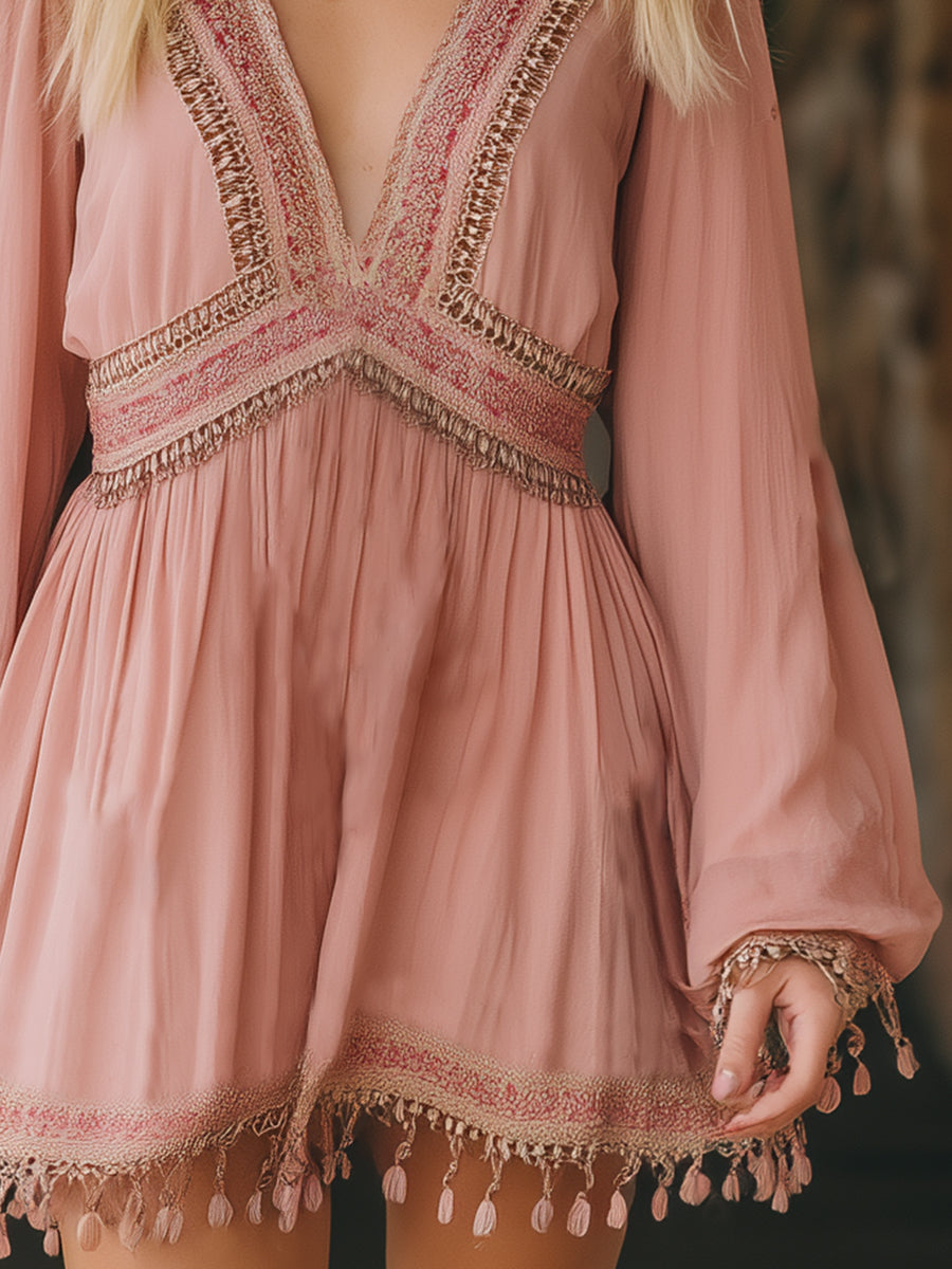 Bohemian Soft Pink V-neck Chiffon Tassel Mini Dress