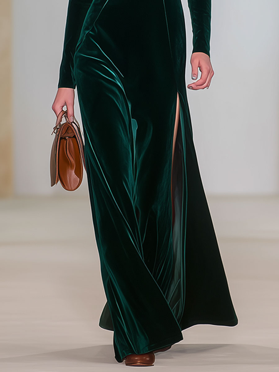 High-End Fashion Dark Green V-Neck Side Slit Velvet Long Skirt