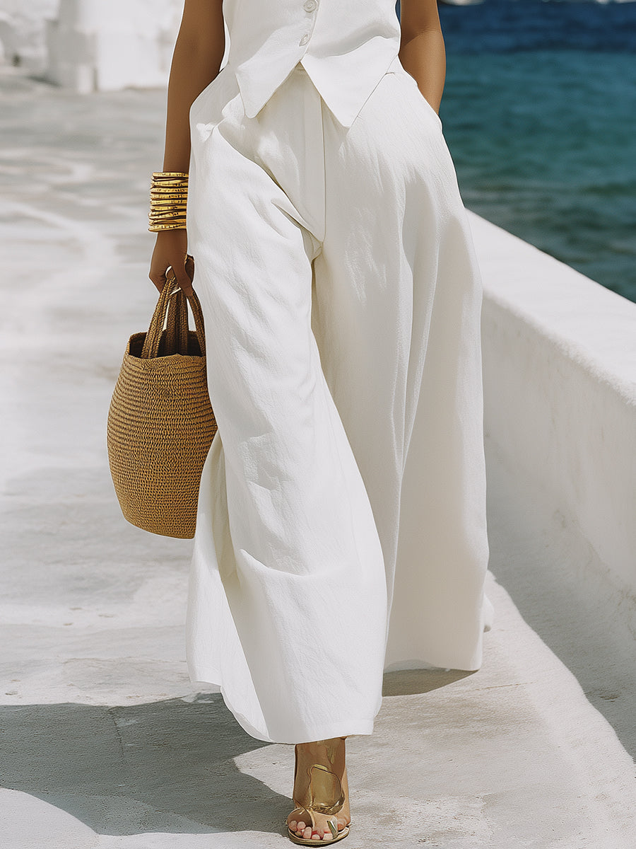 Stylish Vacation-style Colorful Halter Top And Wide-leg Pants Cotton Set