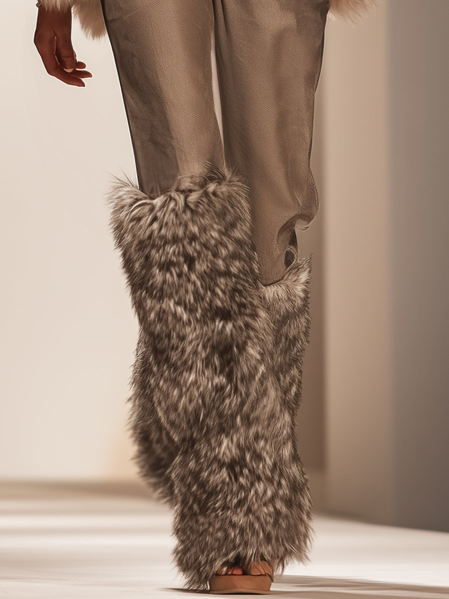 Luxurious And Fashionable Brown Faux Fur Patchwork Cotton Blend Pants