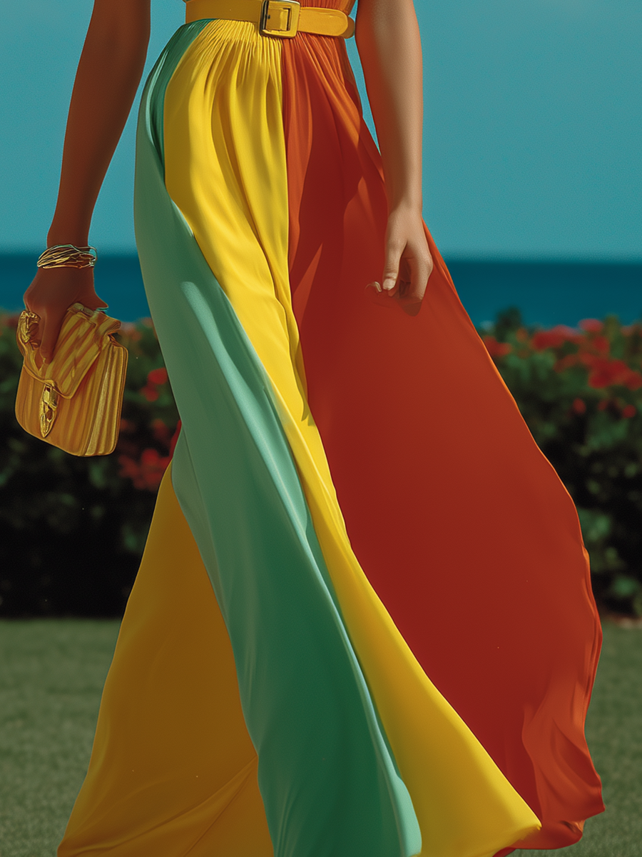 Vacation-style Color-blocked Patchwork Maxi Dress