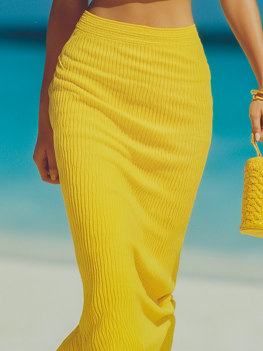 Vacation-style Yellow Knitted Camisole And Skirt Set