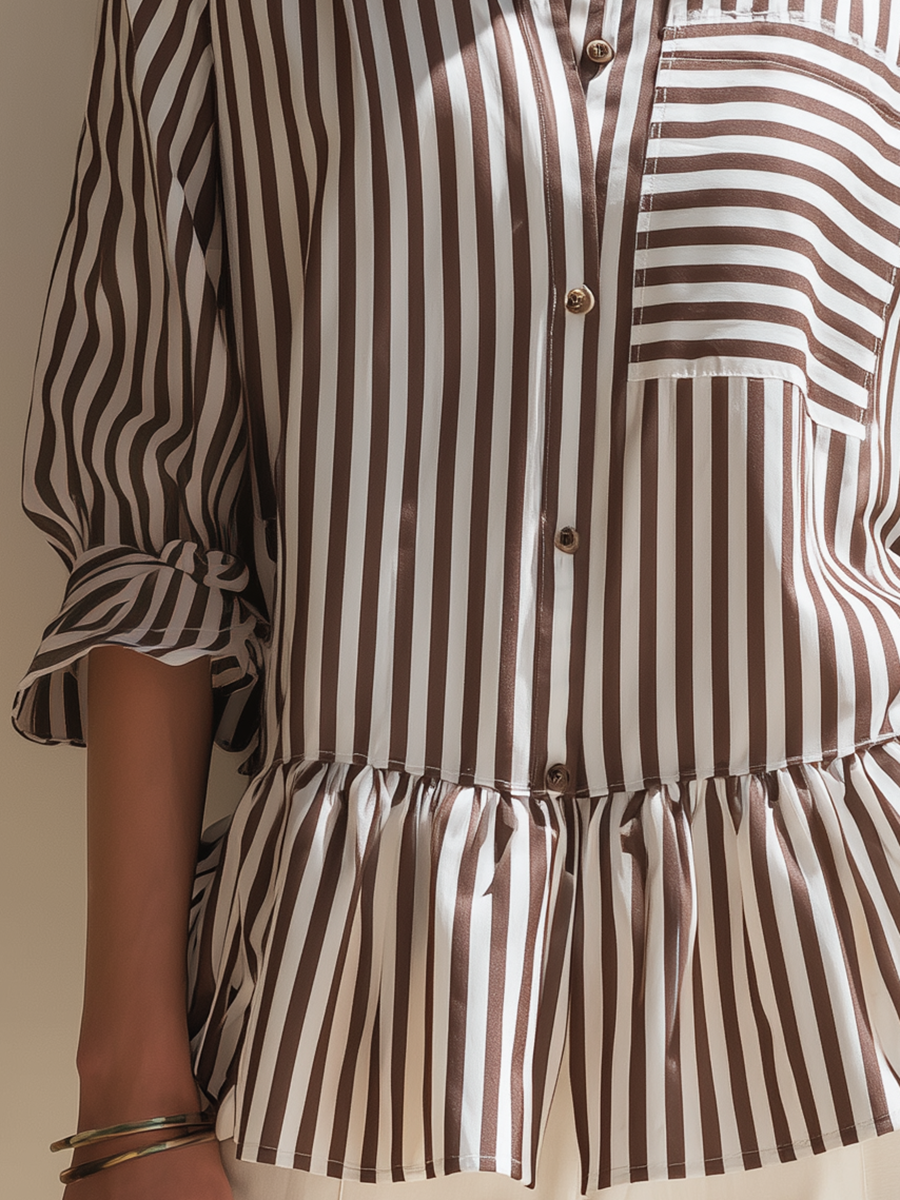 Resort-style White And Brown Striped Long-sleeved Shirt
