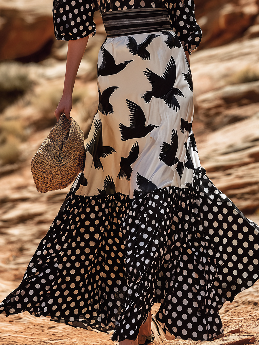 Stylish Vacation-inspired Polka Dot And Seagull Prints Maxi Dress
