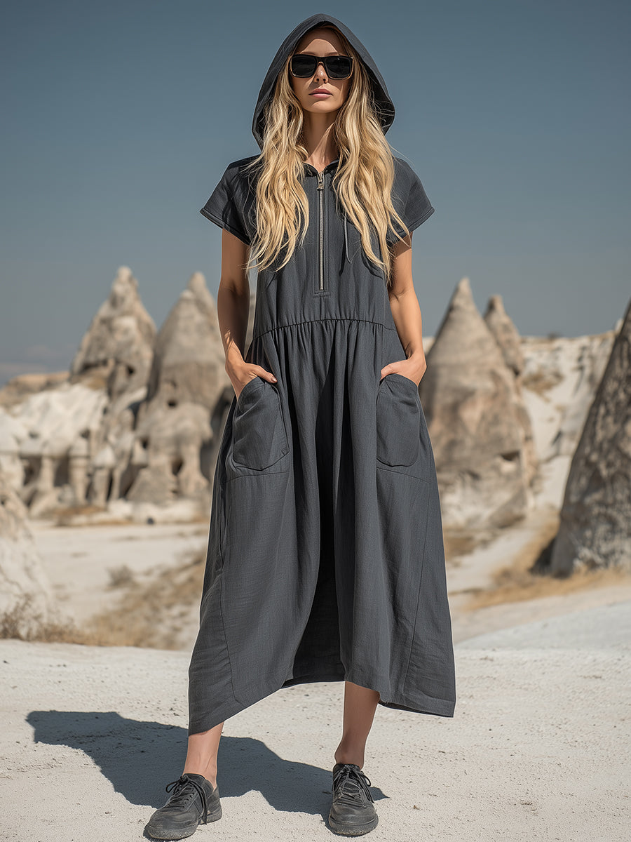Desert Functional Charcoal Gray Cotton Linen Hooded Half-zip Midi Dress