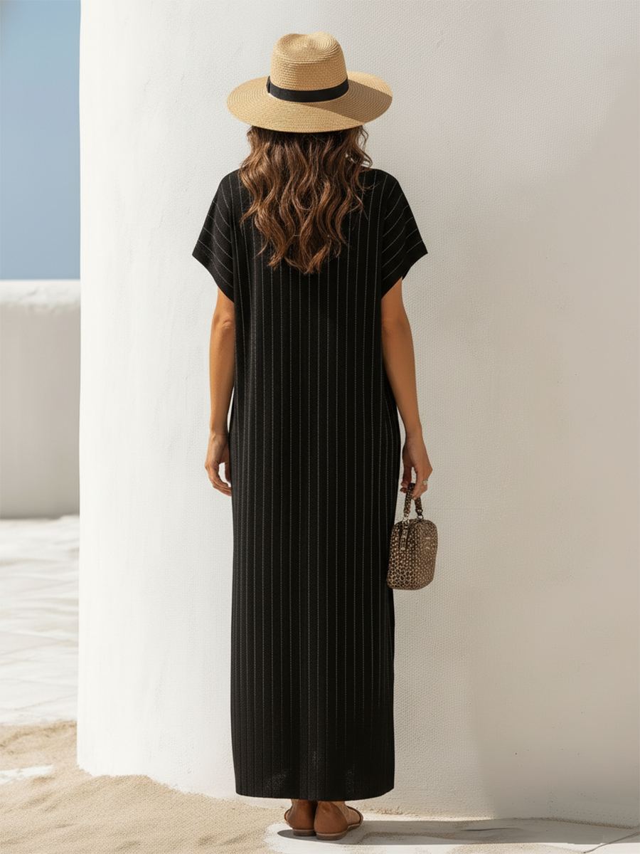 Resort-style Black Striped V-neck Slit Maxi Dress