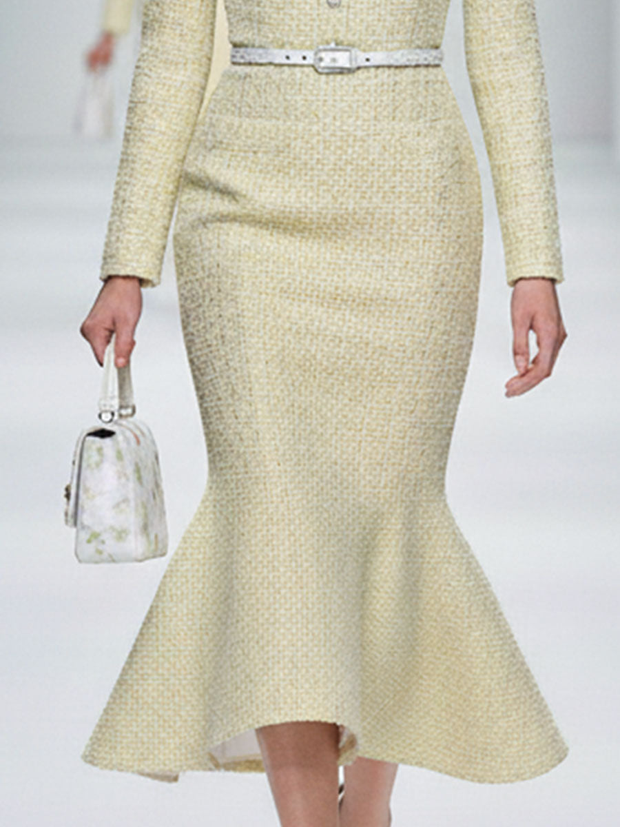 Retro Elegant Yellow Square Neck Tweed Fishtail Midi Dress