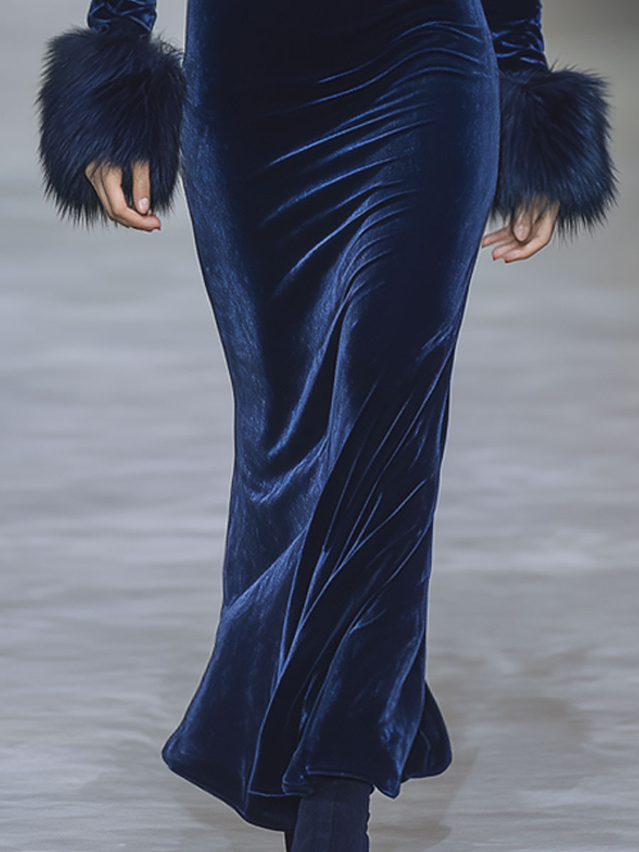 Fashionable And Elegant Dark Blue Velvet Splicing Eco-Friendly Long Fur Cuffs Hooded Maxi Dress