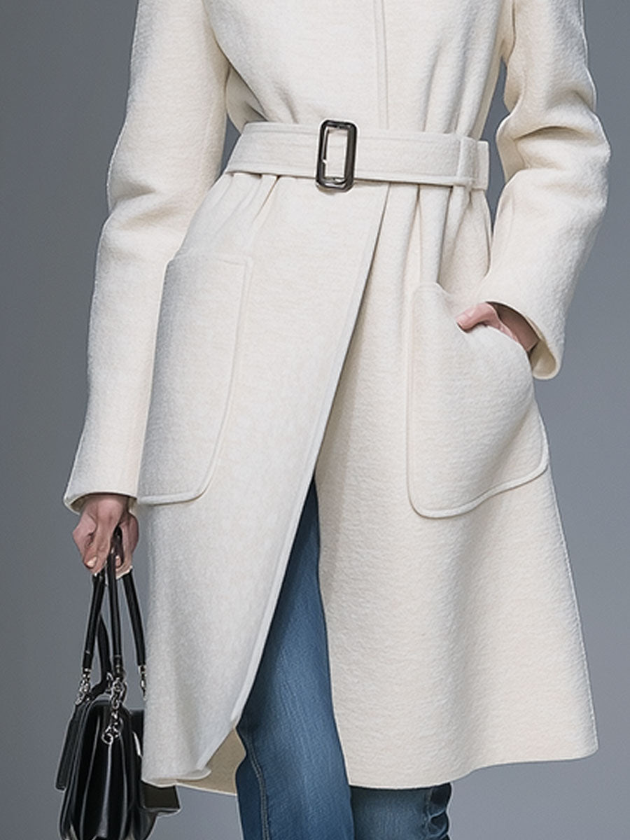 Casual Loose White Stand Collar Woolen Coat