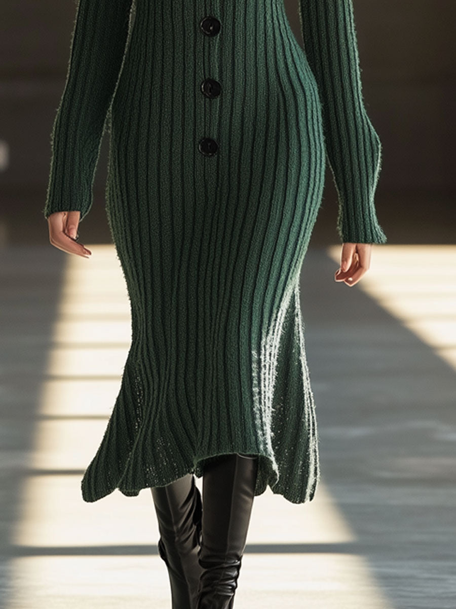 Vintage Round Neck Dark Green Knitted Fishtail Midi Dress
