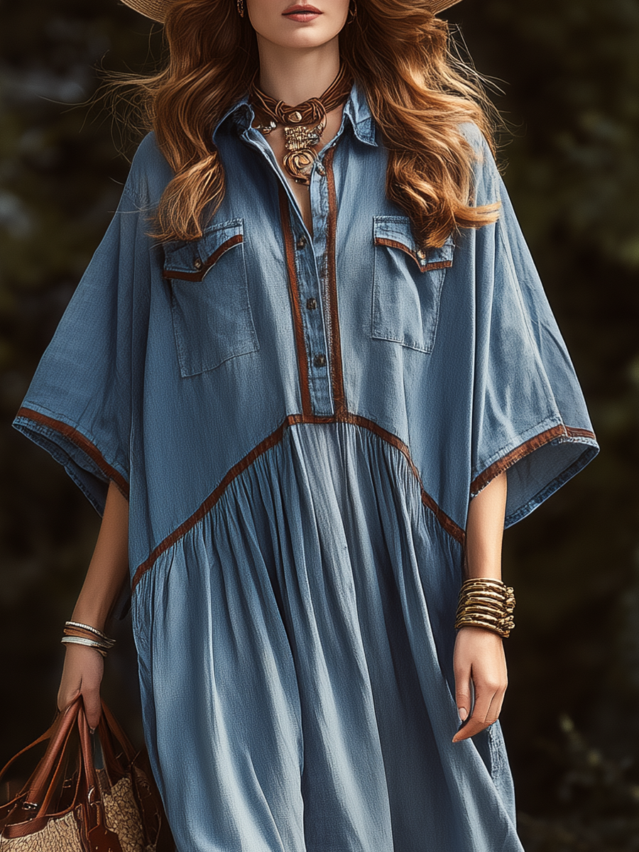 Casual Vacation Brown Woven Strap Short-sleeved Denim Maxi Dress