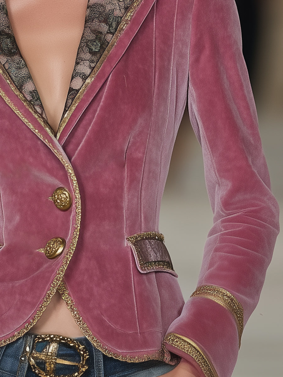 Pink Velvet Collar Lace And Gold Ribbon Blazer