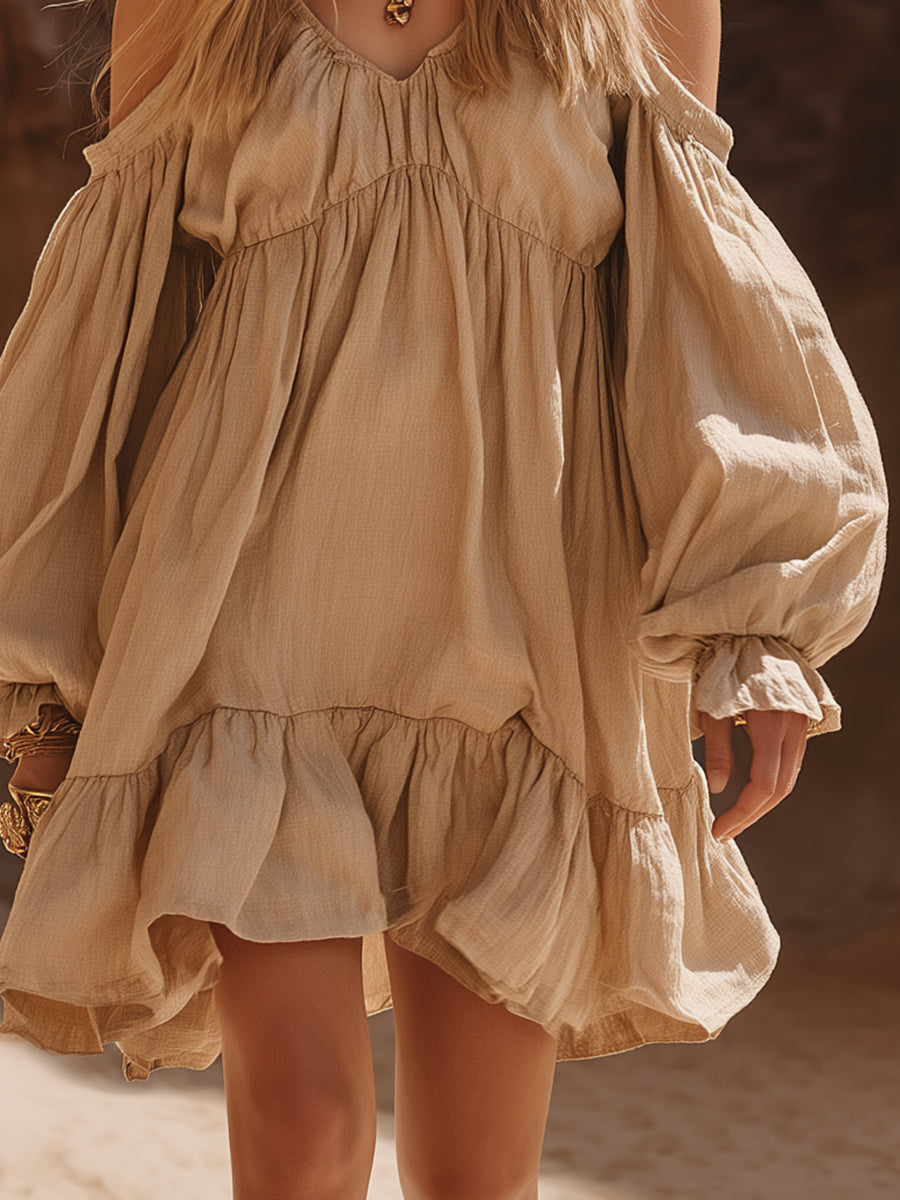Bohemian Vacation-style V-neck Beige Cotton Linen Off-shoulder Ruffle Mini Dress