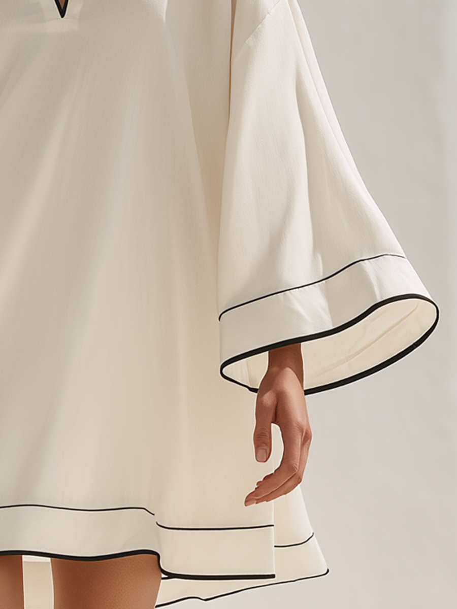 Resort-style White Long-sleeved V-neck Loose Mini Dress