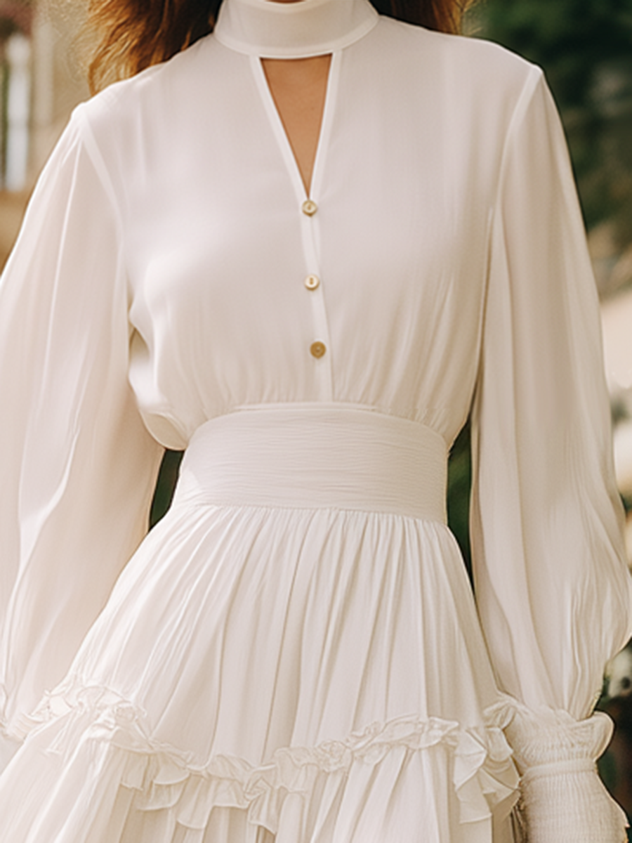 White Resort-style Chiffon Long-sleeved Maxi Dress