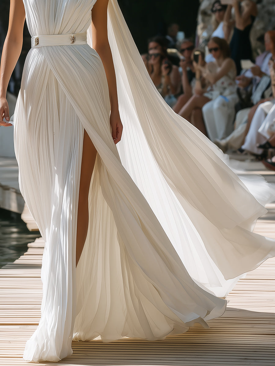 High-fashion White Pleated Sleeveless Cape Dress With Slits Maxi Dress