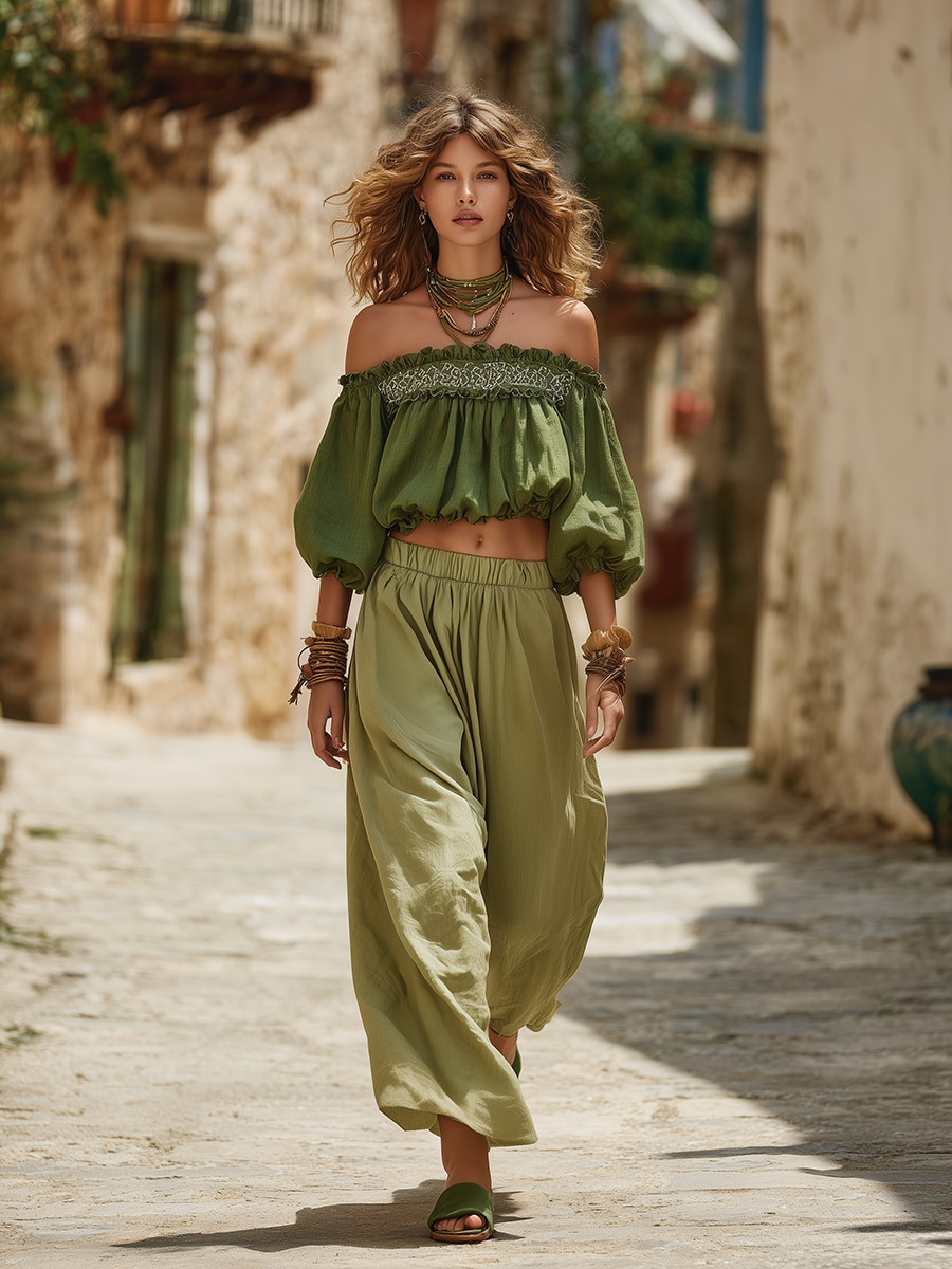 Vacation-style Cotton And Linen Off-the-shoulder Embroidered Pants Set
