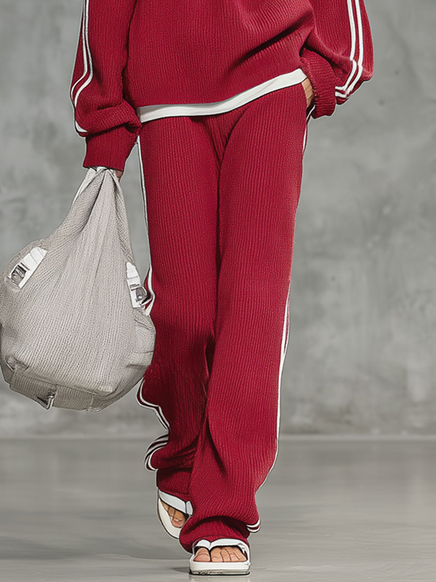 Casual Retro Striped Red Turtleneck Sweater Wide-Leg Pants Set