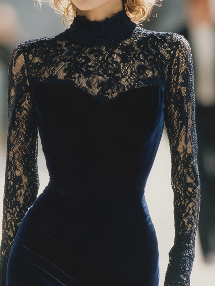 Retro And Fashionable Lace Stitching Blue Velvet Mini Dress