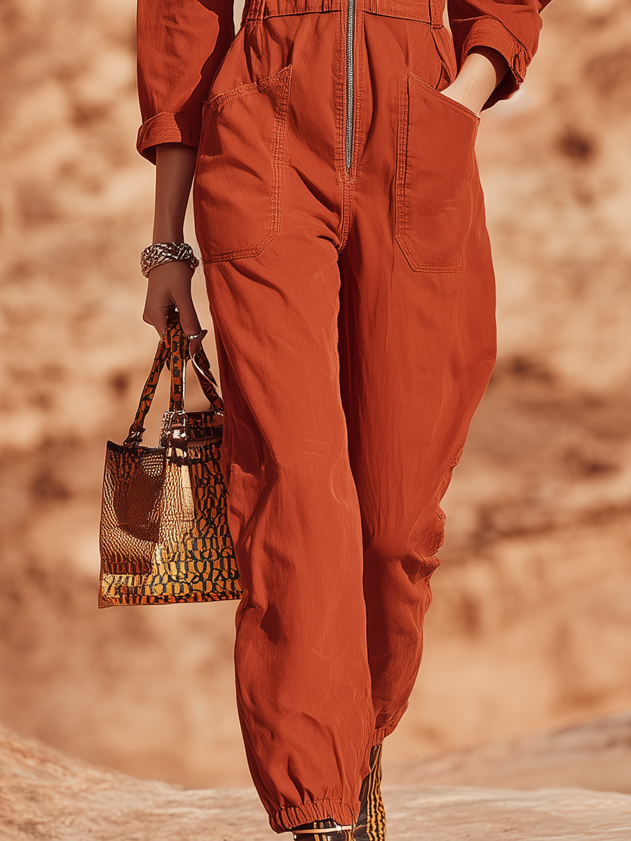 Vacation And Adventure Style Red Cotton Long-sleeved Jumpsuit