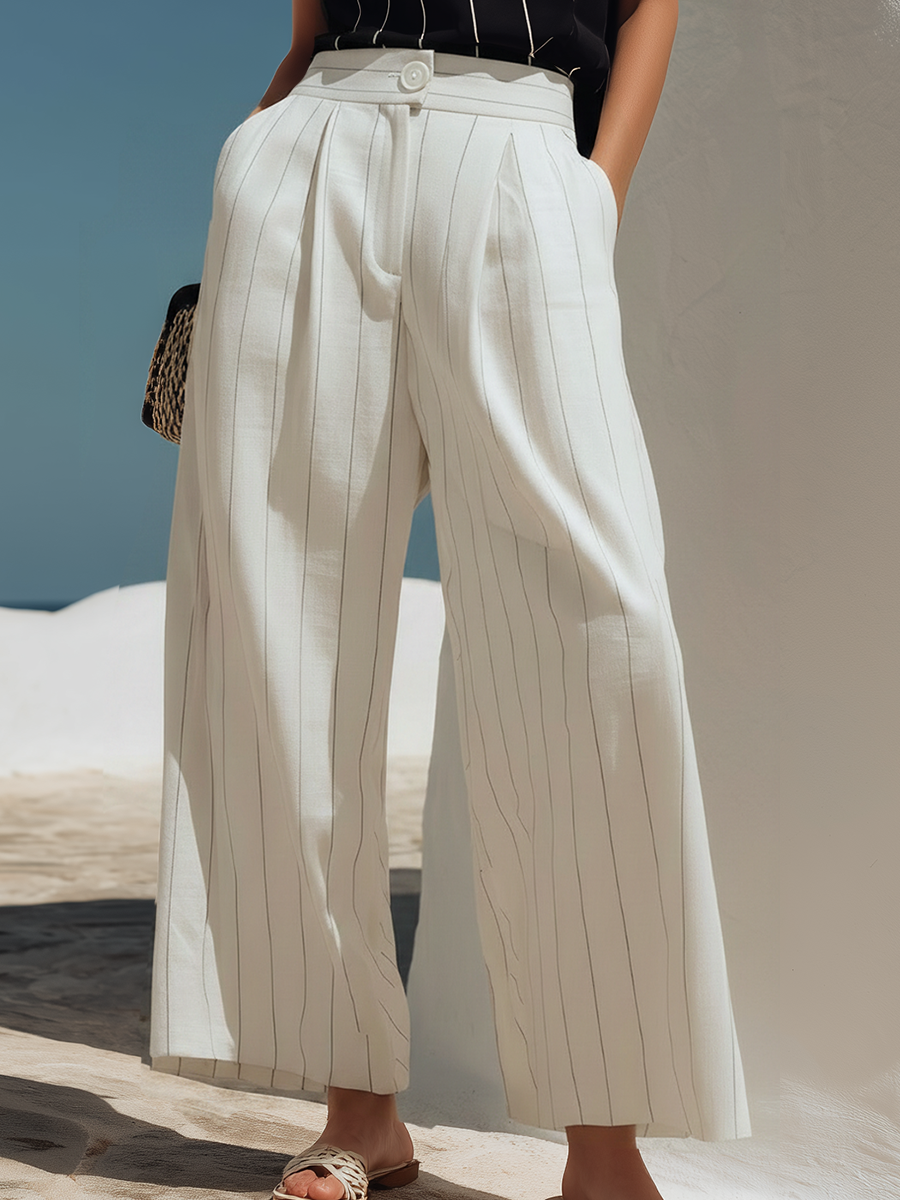 Resort-style Black And White Striped Sleeveless Top And Wide-leg Pants Set