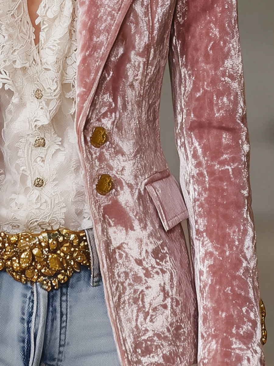 Fashion Retro Pink Velvet Gold Button Suit