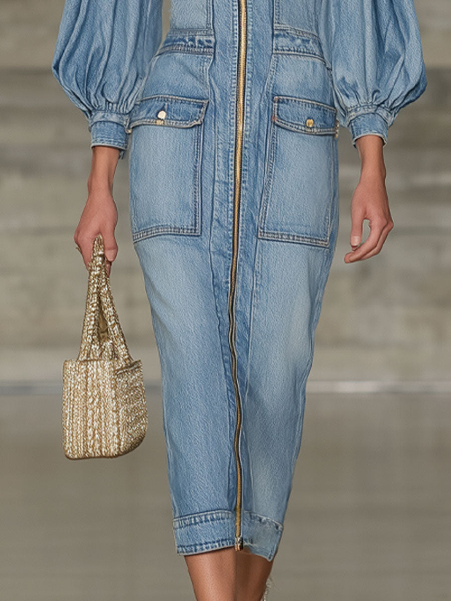 Fashionable Urban Casual Light Blue Washed Denim Lapel Lantern Sleeve Midi Dress