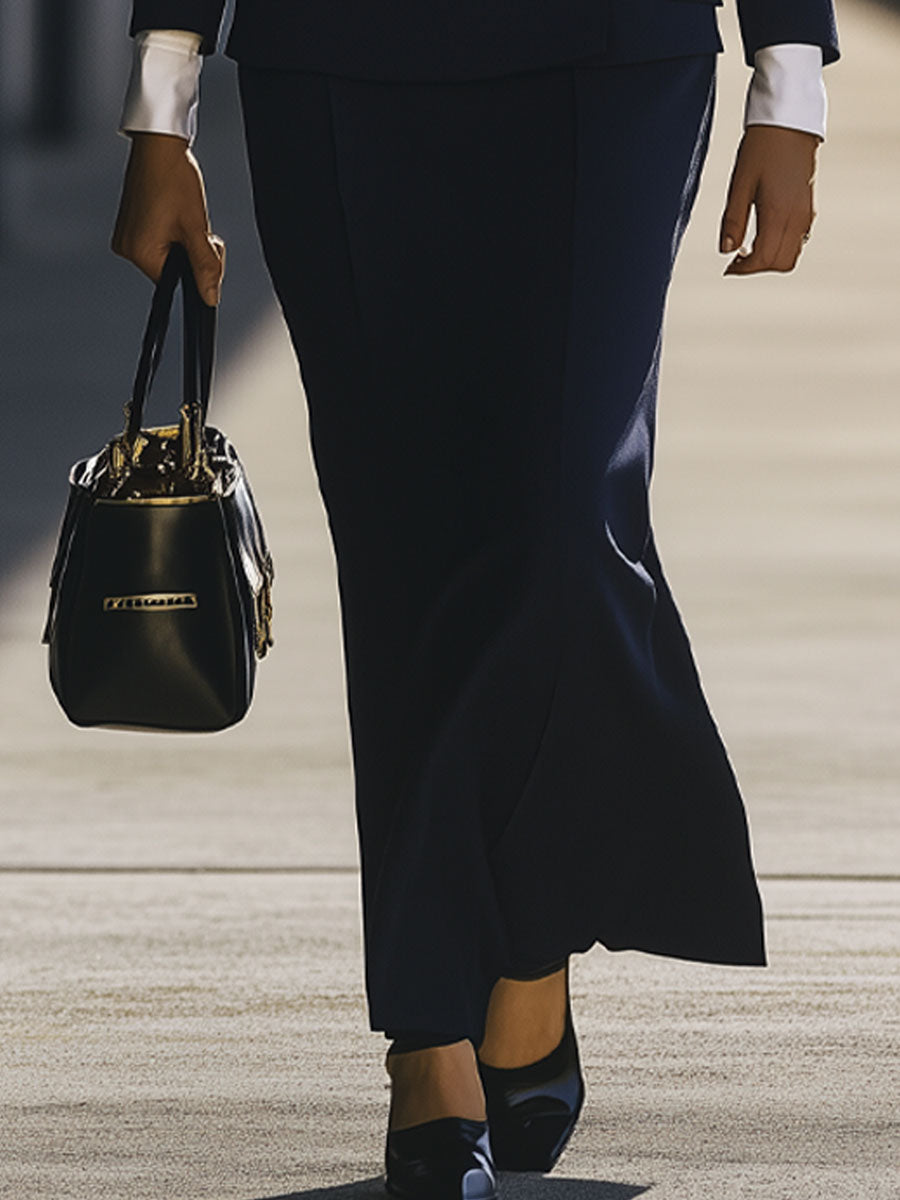 Urban Business Dark Blue Double-Breasted Long Skirt Suit