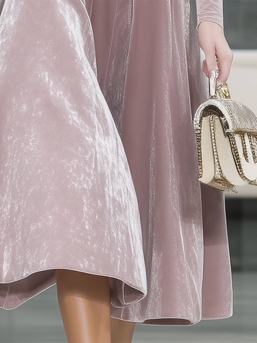 Pink Velvet Round Neck Bow Belt Flared Midi Dress