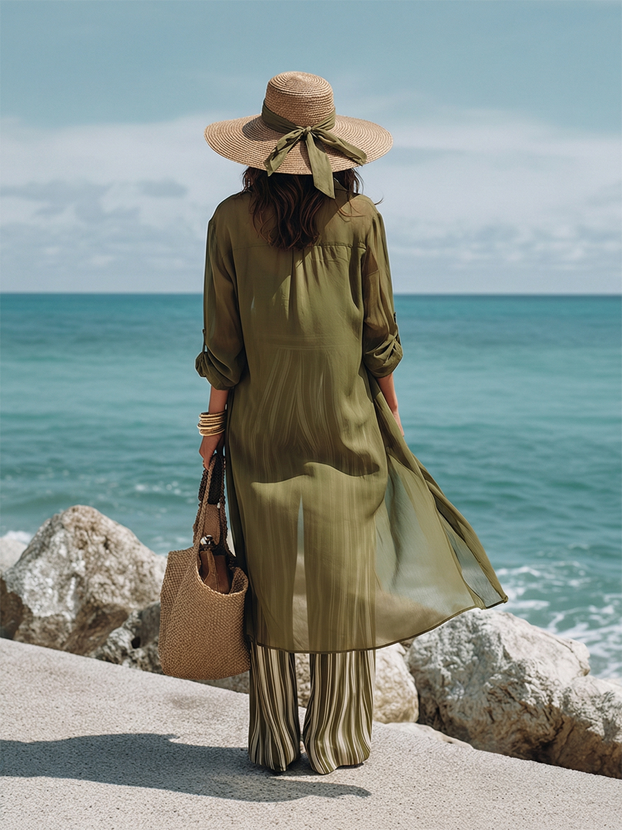 Beach Vacation Sheer Long Shirt And Striped Wide-leg Pants Suit