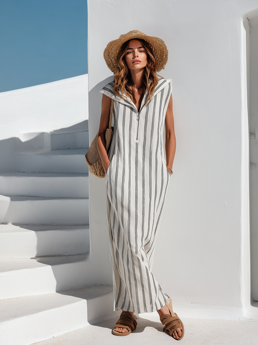 Resort-style Black And White Striped Sleeveless Hooded Maxi Dress